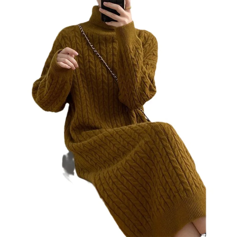 Dresses Women Knitted Long Dress Pullover Turtleneck Autumn Winter Thick Knitting Sweater Maxi Gown Vintage Casual Vestidos