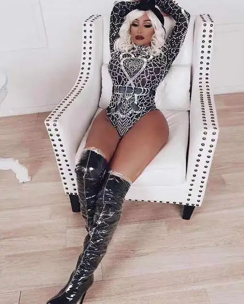 

Heihuan Women Sexy Sparkly Crystal Bodysuits Birthday Leotard Dancer Performance Wear Rhinestone Nightclub Hotwife Stage Outfit