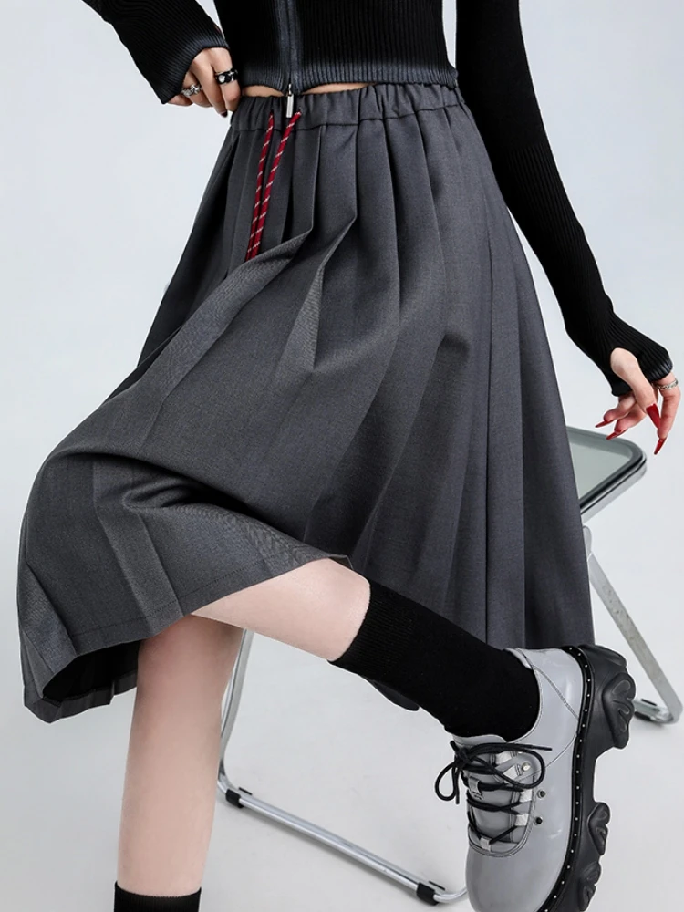 Navy Blue Grey Lace-up Mini Skirt Womens Maxi Skirt 2024 Autumn Winter Suit Skirt Goth Lolita High Waisted Ruffle Pleated Skirts