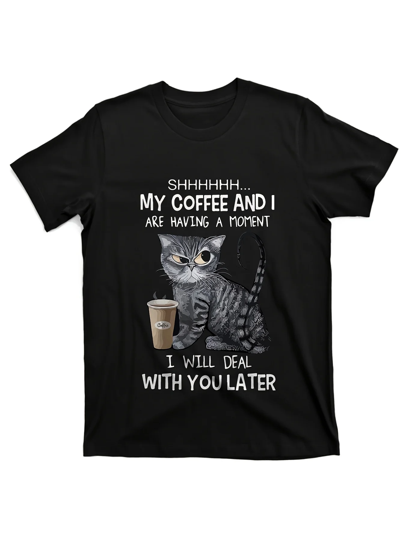 Caffeine Lover Black Cat Coffee Cup Print Same Style For Men And Women 2026 Summer Short-Sleeved Printed T-Shirt 180G