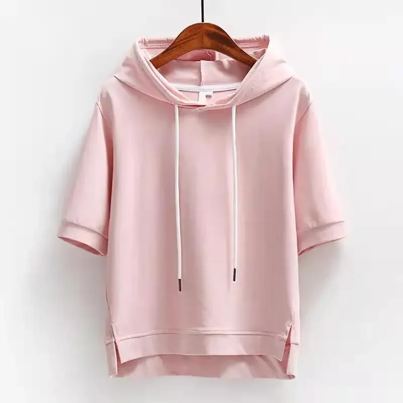 

Fashion Hooded Solid Pink Women T Shirts 2024 Summer Korean Style Loose Female Tops Streetwear Short Sleeve Sweatshirts Tee A784