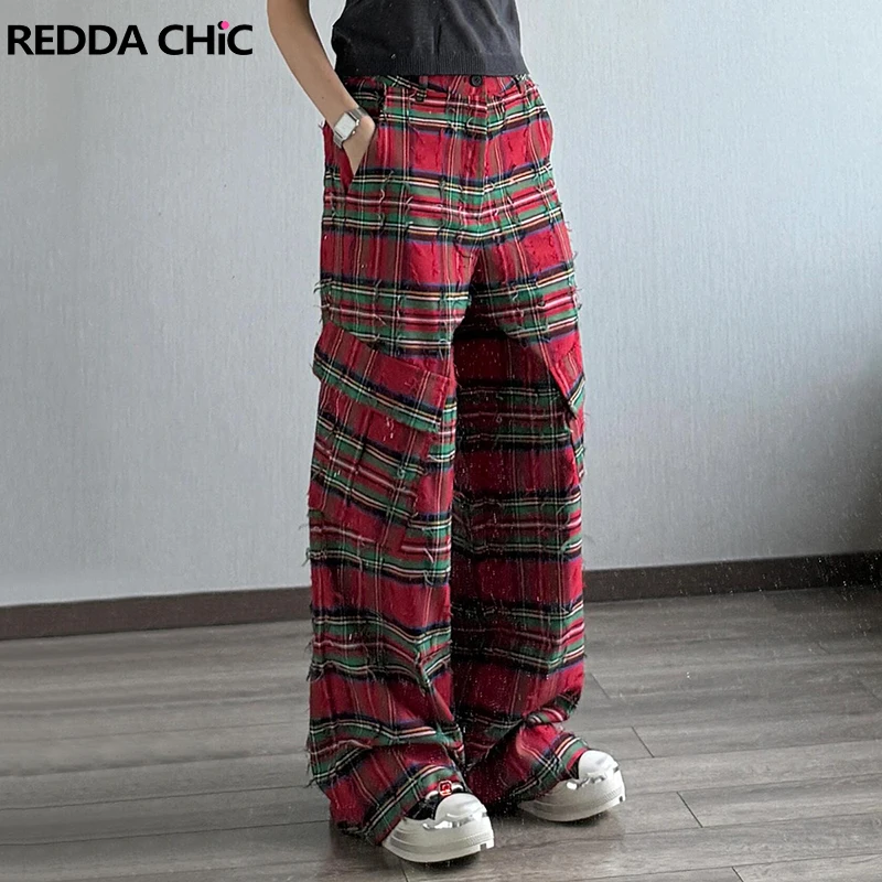 ReddaChic Women Contrast Checkered Wide Leg Pants Punk Vintage Tartan Plaid Ripped Tassels Straight Long Trousers Cargo Workwear