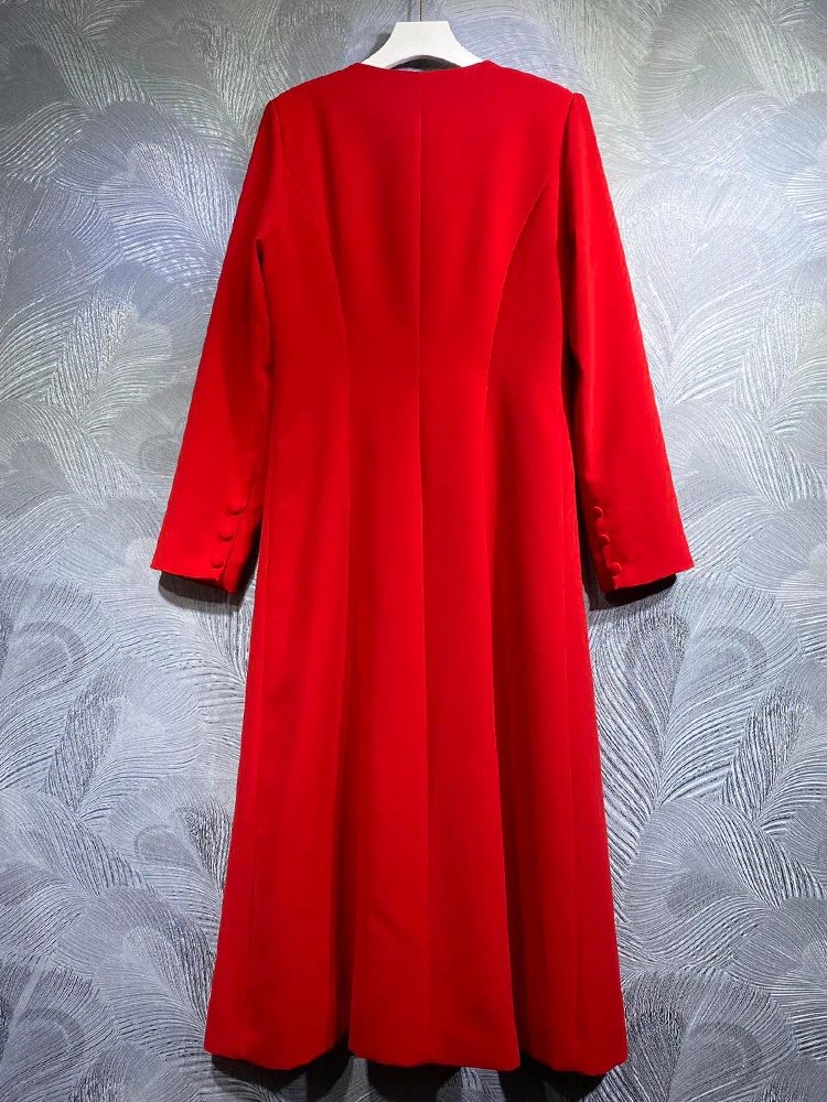 Imagem -02 - Seqinyy-vestido Vermelho Midi para Mulheres Passarela Rua Alta Laço Elegante para Escritório Fino Casual Novo Design de Moda Primavera Outono