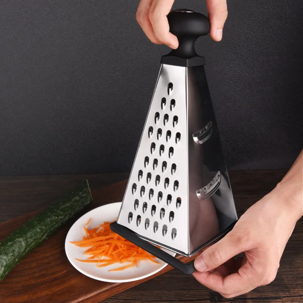 4 Sided Pyramid Shape Cheese Grater Manual Non Slip Base and Handle Vegetable Shredder Time-saving Stainless Steel