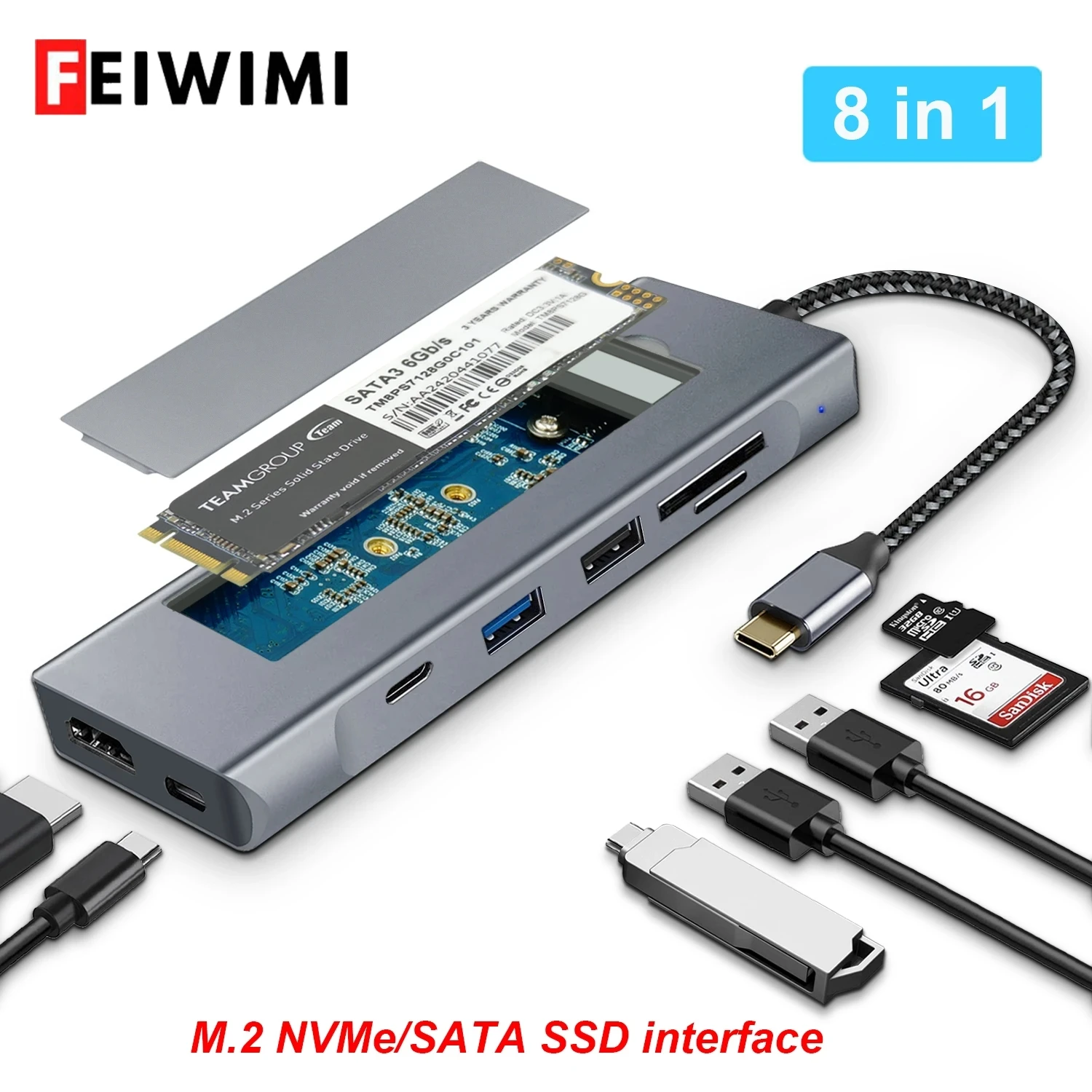 8 in 1 USB C Hub with Disk Storage Function M.2 SSD Hub USB C Docking Station Type-C to HDMI Adapter For PC Laptop Macbook Pro