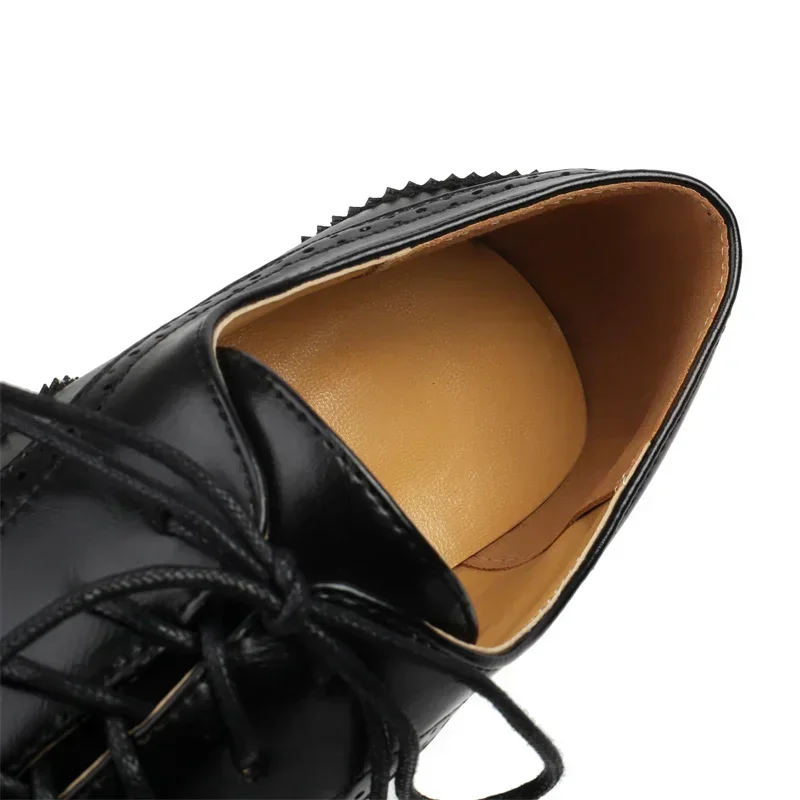 British Flats Women Oxfords Mid Square Heels White Brown Pinked PU Round Toe Brogues Vintage Lace Up Dress Lady Full Wing Shoes - view 6