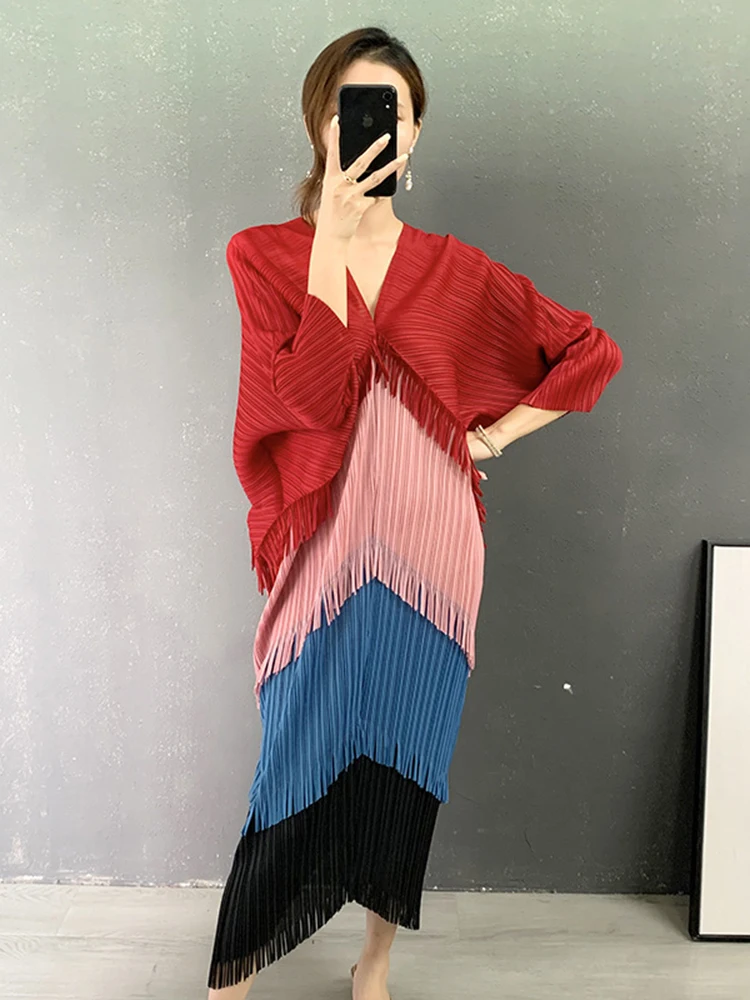 LANMREM Tassel Patchwok Color Block Dress For Women Pleated Batwing Sleeve Mid-calf Dresses Fashion Female 2024 Summer 2N789