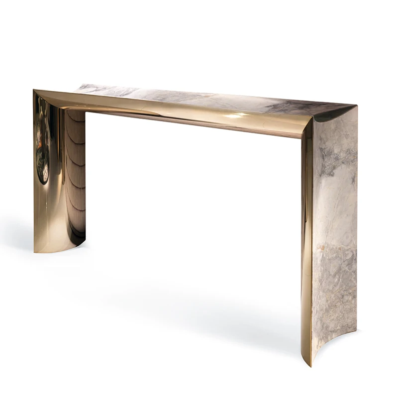 The entrance table is very narrow against the wall, with modern stainless steel partitions behind it.