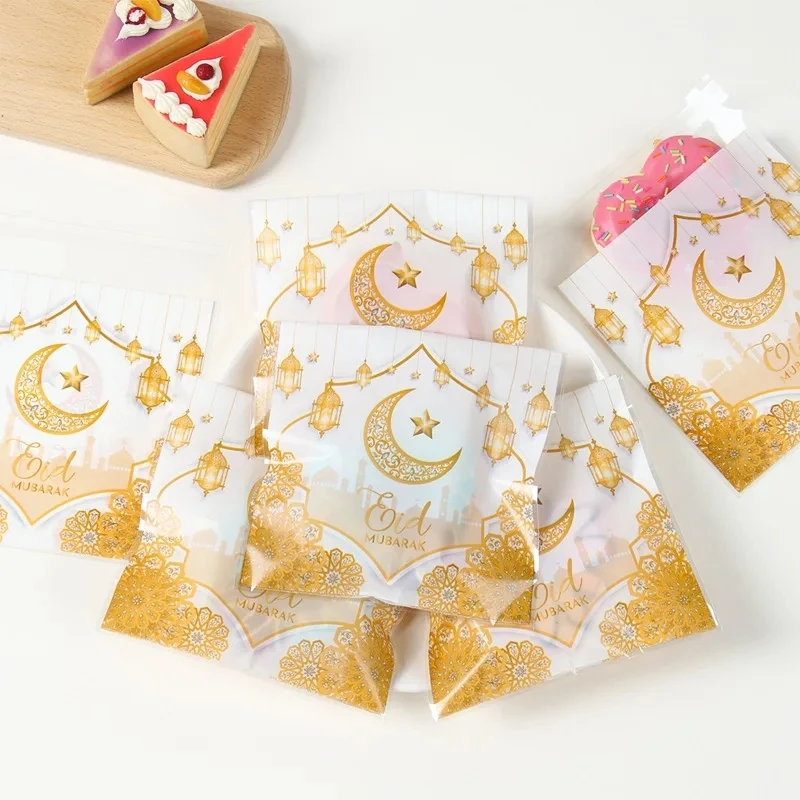 50pcs Eid Mubarak Gift Bags Plastic Bag Cookie Candy Ramadan Kareem Decoration 2024 Islamic Muslim Party Packaging Bag Pouch