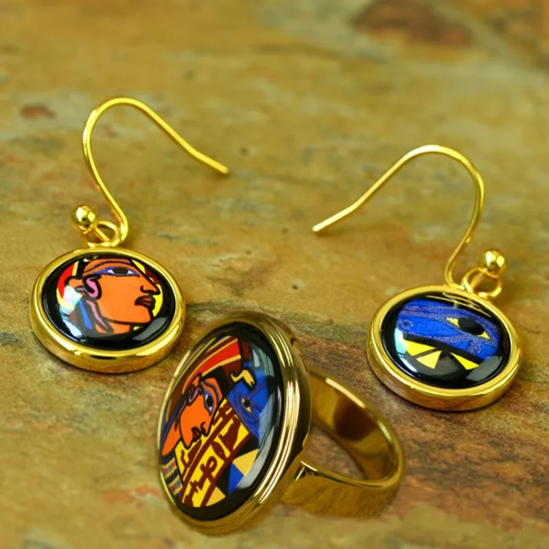 New Accessories Cleopatra Series Fashion Enamel Jewelry Cloisonne Woman Ring Earrings Jewelry