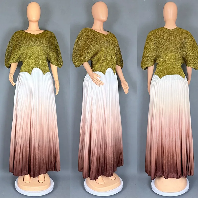 النساء حجم كبير التدرج اللون التنانير الطويلة وبلوزات مطوي 2 قطعة الزي الفاخرة دبي حفلة موسيقية 2025 عادية لمجموعات الموضة النسائية #3
