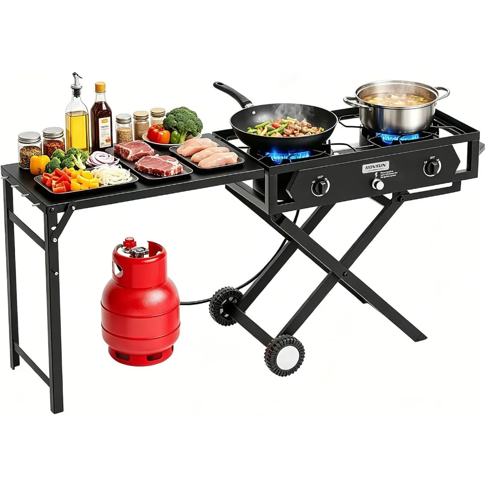 ROVSUN 2 Burner Foldable Gas Stove with Side Table, 150,000 BTU Portable Propane Stove with Ignition & Regulator for Camping
