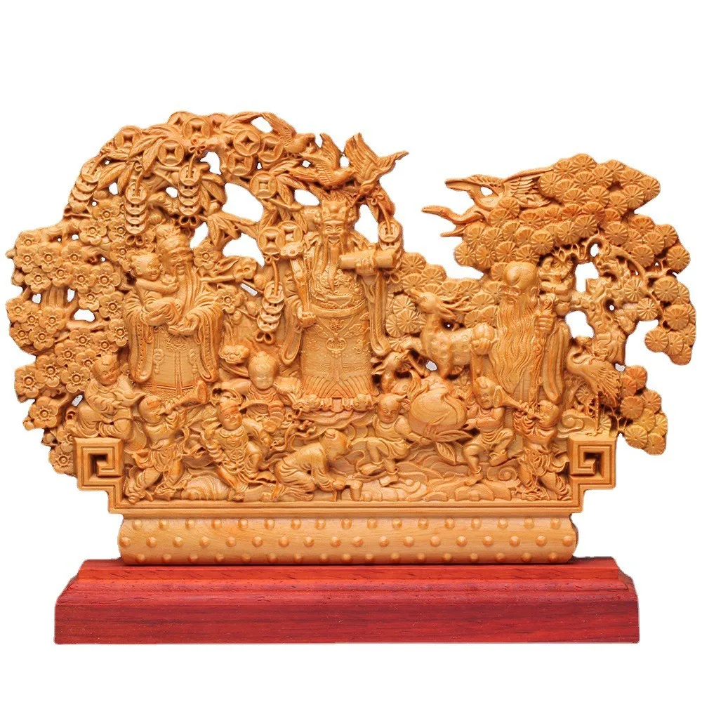 

Fu Lu Shou Handcrafted Thuja Wood Carving, Chinese Blessing Statue for Prosperity, Status and Longevity