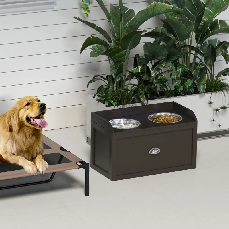 Station de gamelles surélevées pour chien avec 2 bols en acier inoxydable, tiroir de rangement, 60 x 30 x 36 cm, Marron