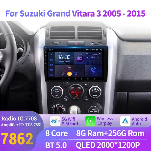 スズキグランド Vitara 3 2005-2015 カーラジオマルチメディア Android 14 CarPlay ナビゲーション 7862S 8 グラム 256 グラムタッチ 2 K QLED スクリーン