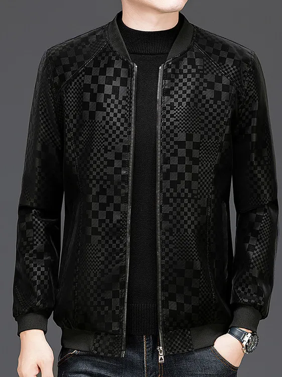 

2025 New Men's Faion Printed Leather Jaet Thin Casual Sle ort Coat Polyester Fiber Long Sve Busin Casual