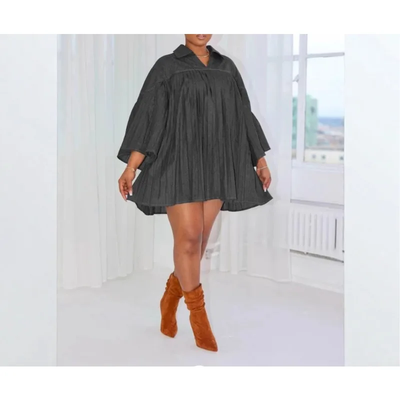 ZEMOREXMZ فستان فضفاض نسائي ضيق من قماش الدنيم بأكمام طويلة مطوي فستان فضفاض لصيف 2025 غير رسمي لأعياد الميلاد وحفلات النادي فساتين متأرجحة كبيرة