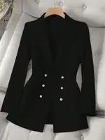 Blazer Negro de Doble Botonadura para Mujer 2026 con Solapa Pico, Manga Larga, Cintura Ajustada, Largo Medio, para Oficina y Trabajo