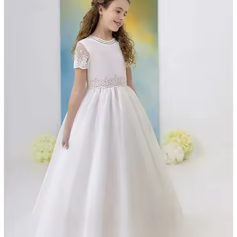Custom Elegant Pure Children's First Communion Dress White Tulle Lace Floral Girl Wedding Birthday Party Evening Dress
