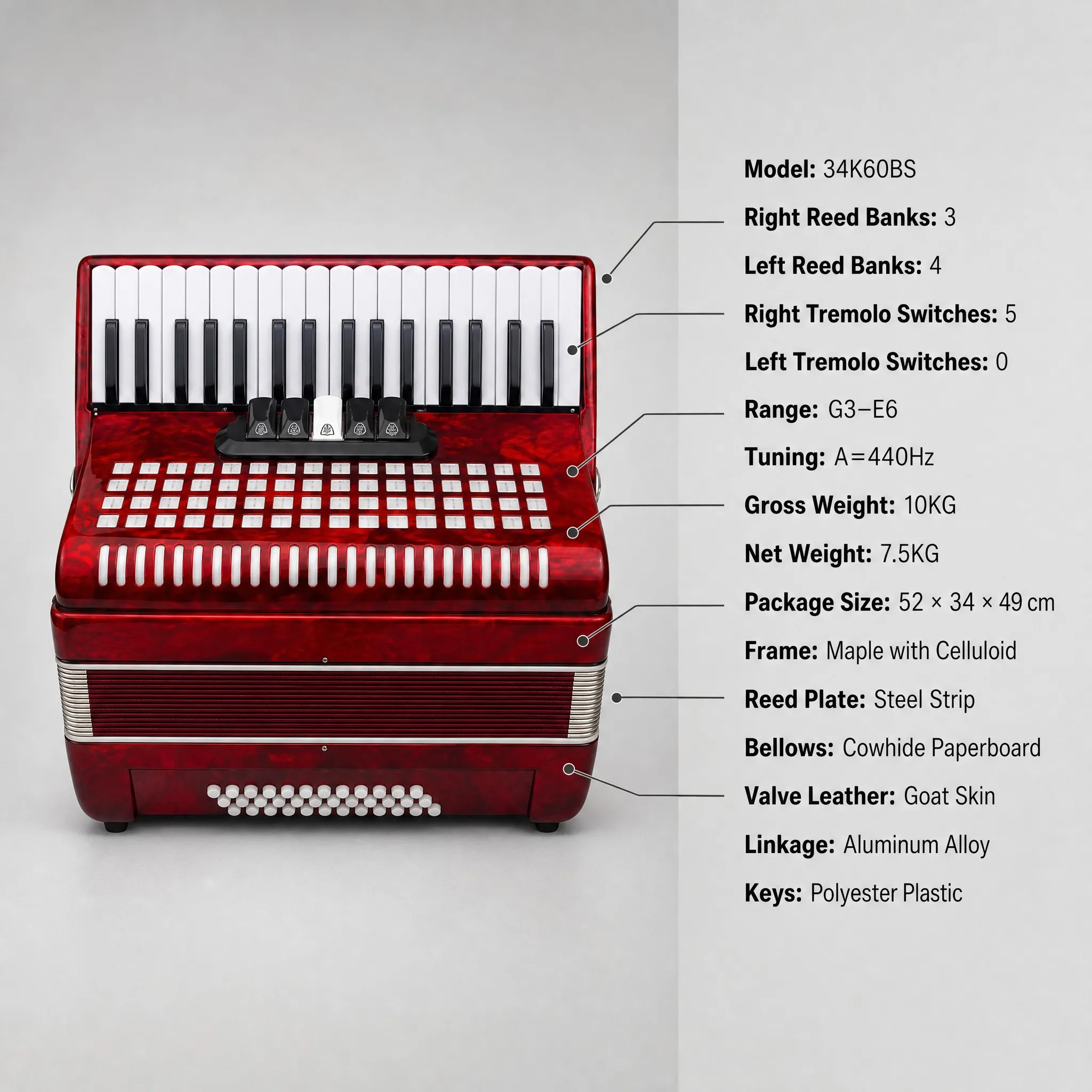 OEM Custom Logo 34 Keys 60 Bass Italian Reed Piano Accordion Carved Metal Cover Private Label Brand Factory Direct