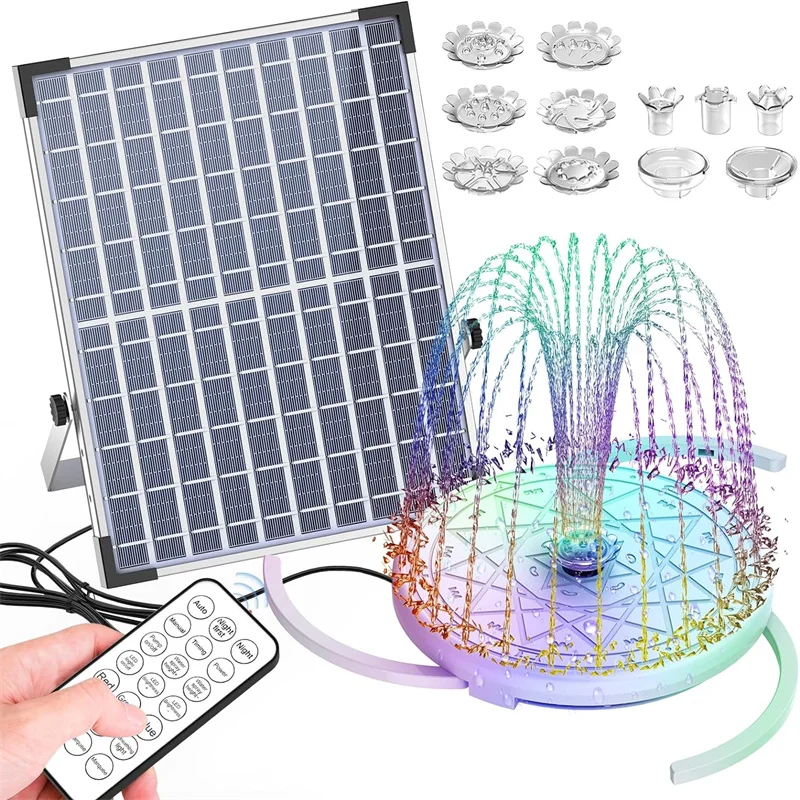 12W Solar Fountain with LED Color Lights and 5000mhA Battery, Remote Control Solar Fountain Pump for Bird Baths, Swimming Pools