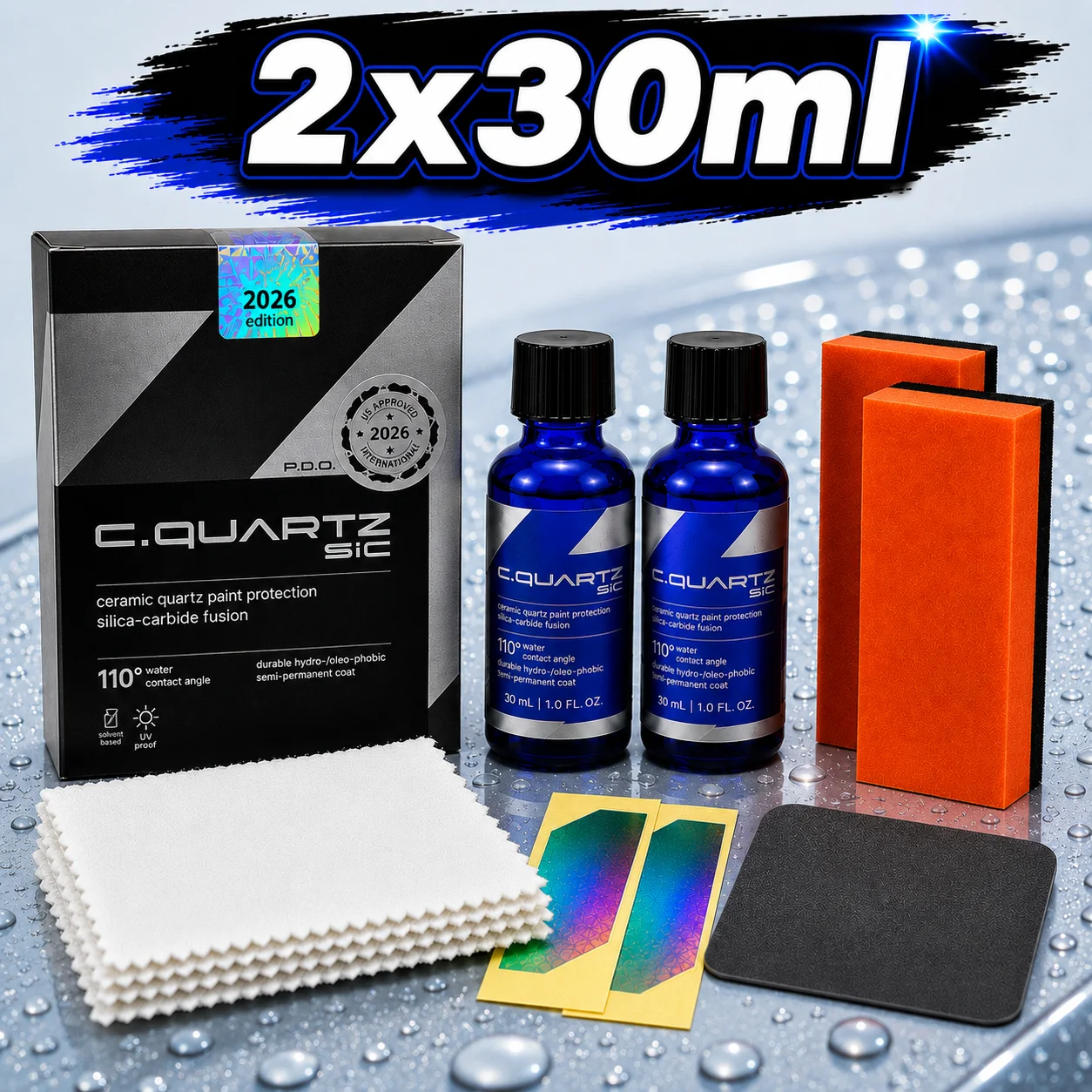 CQUARTZ SiC 2*30ml Kit - Car Ceramic Coating Finish, Quartz Based Nanotechnology, Bonds to Paint, Glass, Metal and Plastic