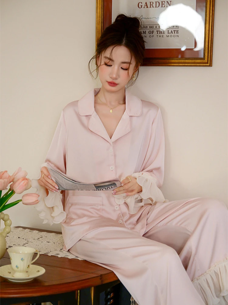 Plus Size Loose Ice Silk Pajamas Suit Women\'s Spring Autumn 2024 New Fashion Pink Ruffled Sweet Outer Wear Home Clothes