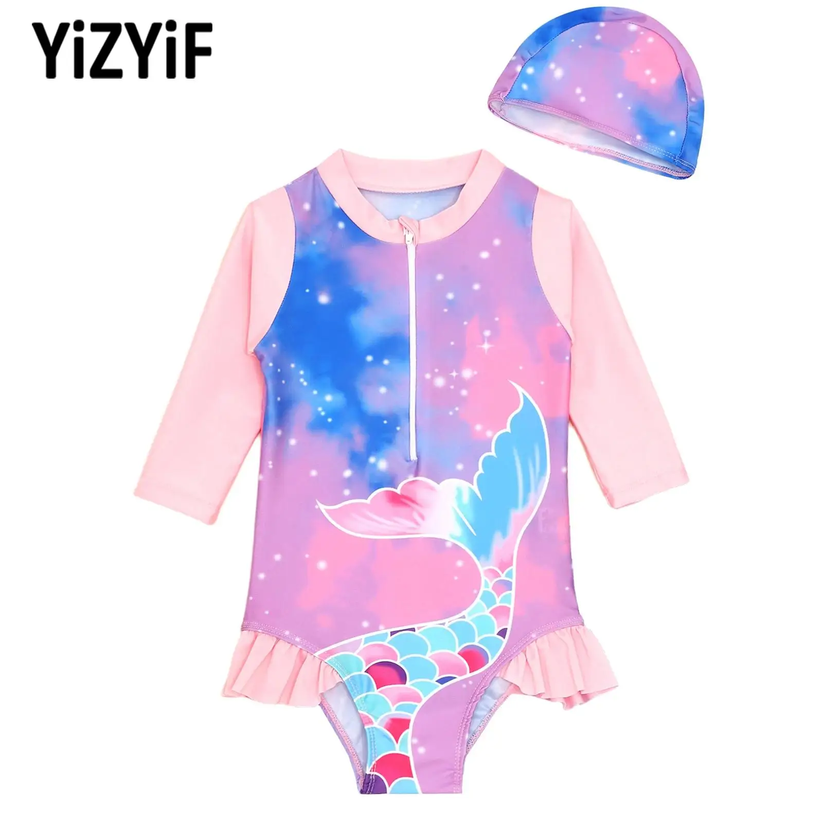 

Toddler Girl One Piece Long Sleeve Swimsuit Fish Scales Mermaid Tail Print Ruffle Swimwear with Swim Hat Rash Guard Beachwear