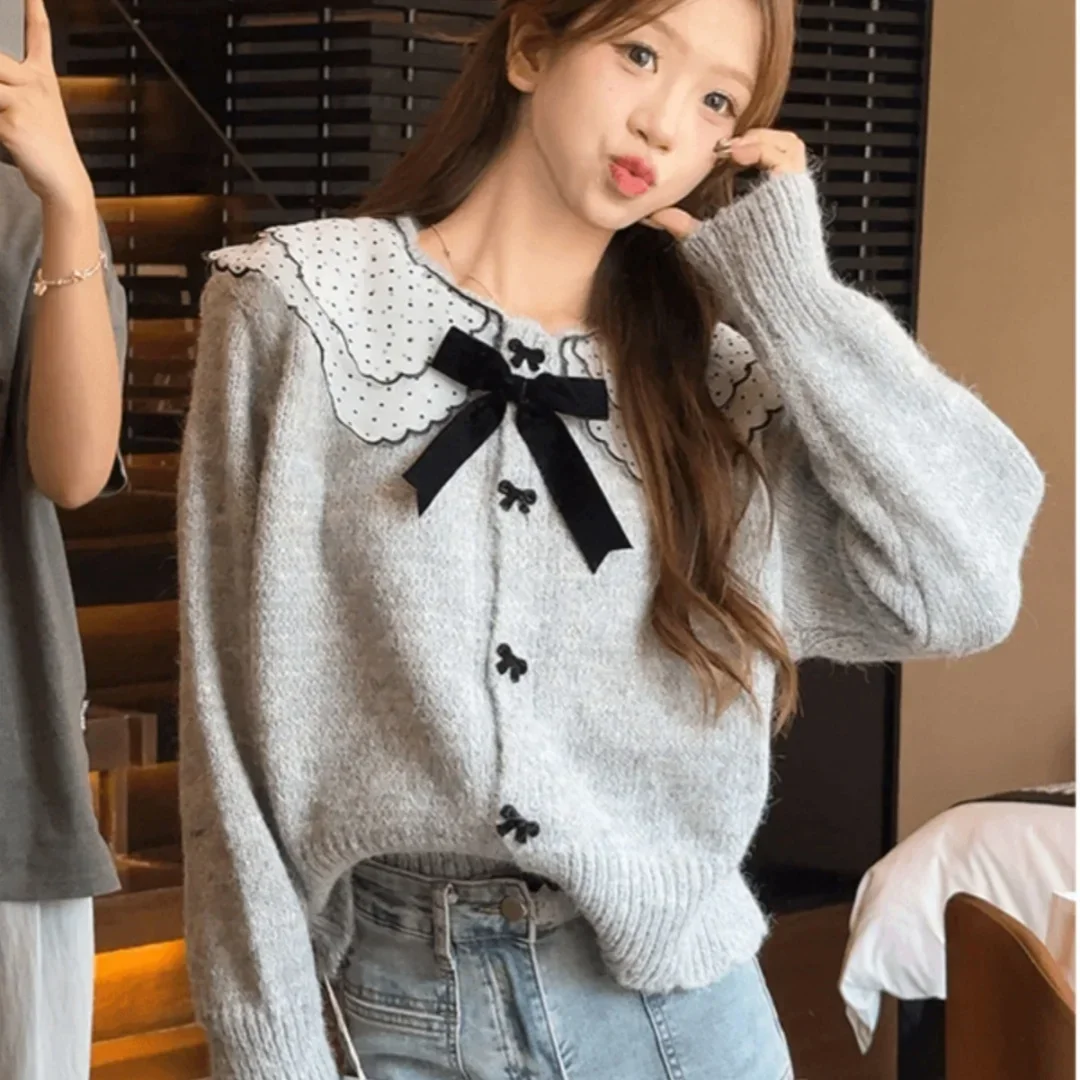 Autumn Winter Doll Collar Long Sleeve Fashion Sweater Women Japanese Casual Loose Button Cardigan Elegant Bow Patchwork Tops