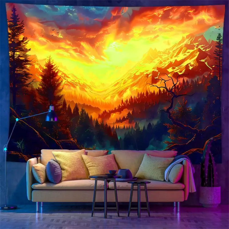 VIKAMA Neon Mountain Sunrise Wall Tapestry Forest Landscape Colorful Home Decor Lightweight Soft Durable Cozy Aesthetic Gift