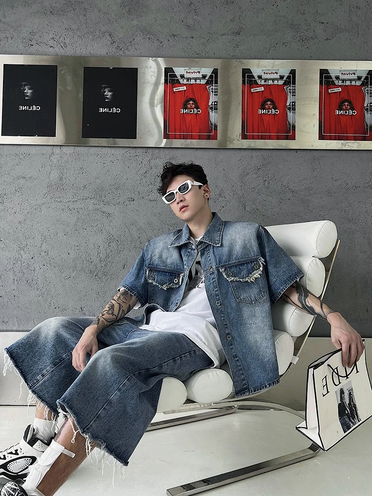 

Men's Oversize Denim Jaet irt Set with oulder Pads Hem ort Sve Wide Leg Jeans Summer Faion Ensemble