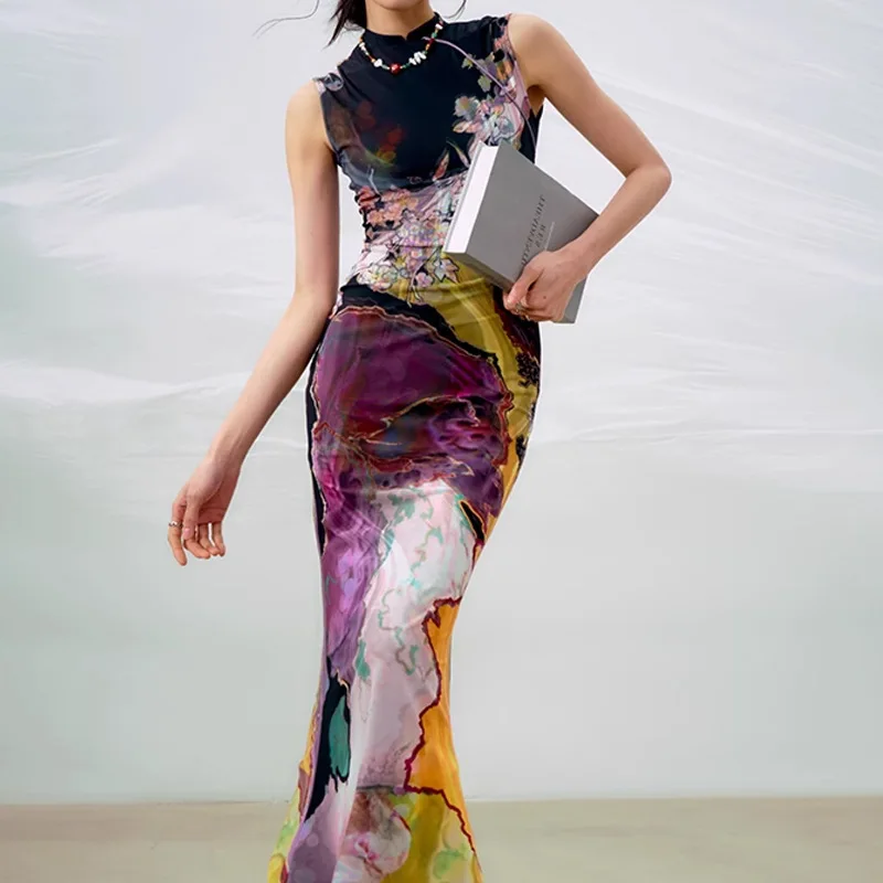 Novo vestido Qipao reversível estilo chinês: cauda de sereia, vestido colete estampado.