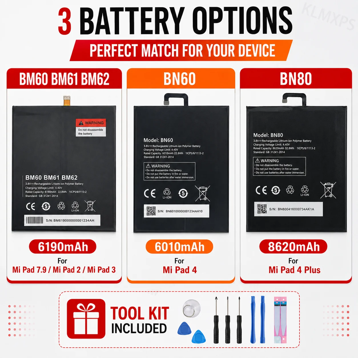Tablet Replacement Battery BM60 BM61 BM62 BN60 BN80 For Xiaomi MiPad 1 2 3 4 4 Plus Repair Battery With Tool Kit