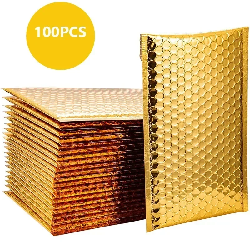 Sobres de burbujas metálicas acolchados, Sobres de papel de aluminio, color dorado, impermeables, para regalo, embalaje de piezas, 100