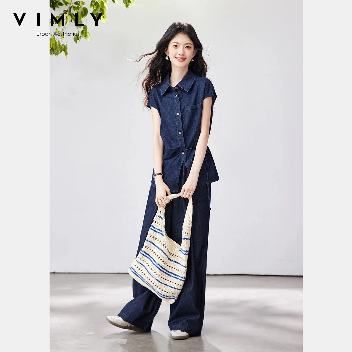 

VIMLY Denim Set Women 2026 Summer New Asymmetrical Front Tie Sleeveless Shirt Elastic Waist Wide Leg Pant Two Piece Outfit A3827