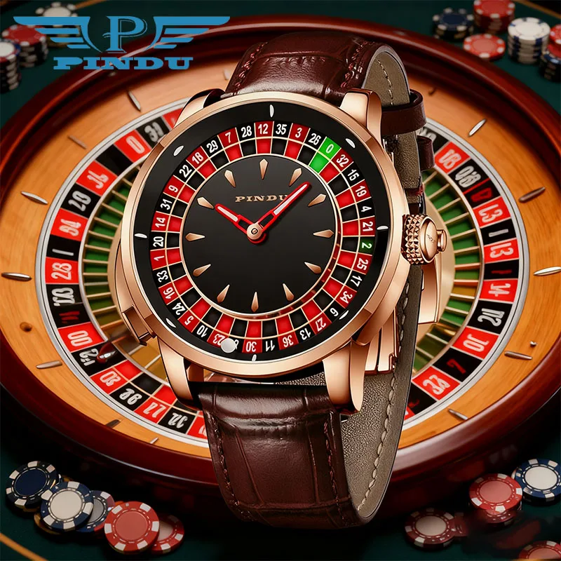 PINDU ساعة ميكانيكية جديدة للرجال NH35 حركة العلامة التجارية الفاخرة زر عجلة الدورية الياقوت الزجاج مقاوم للماء ساعة رجالي