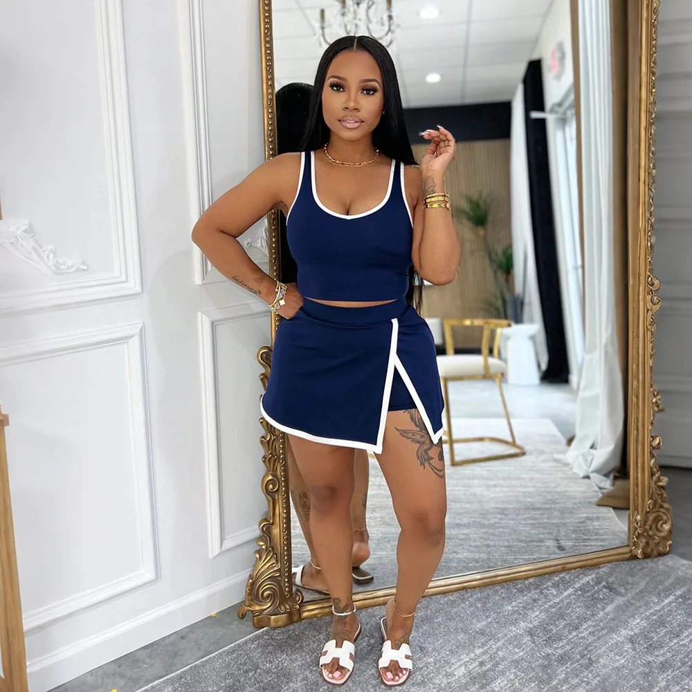 Conjunto de 2 piezas de falda de tenis en contraste para mujer, trajes de verano 2025, camiseta sin mangas y traje de falda, conjuntos de dos piezas a juego sexys activos