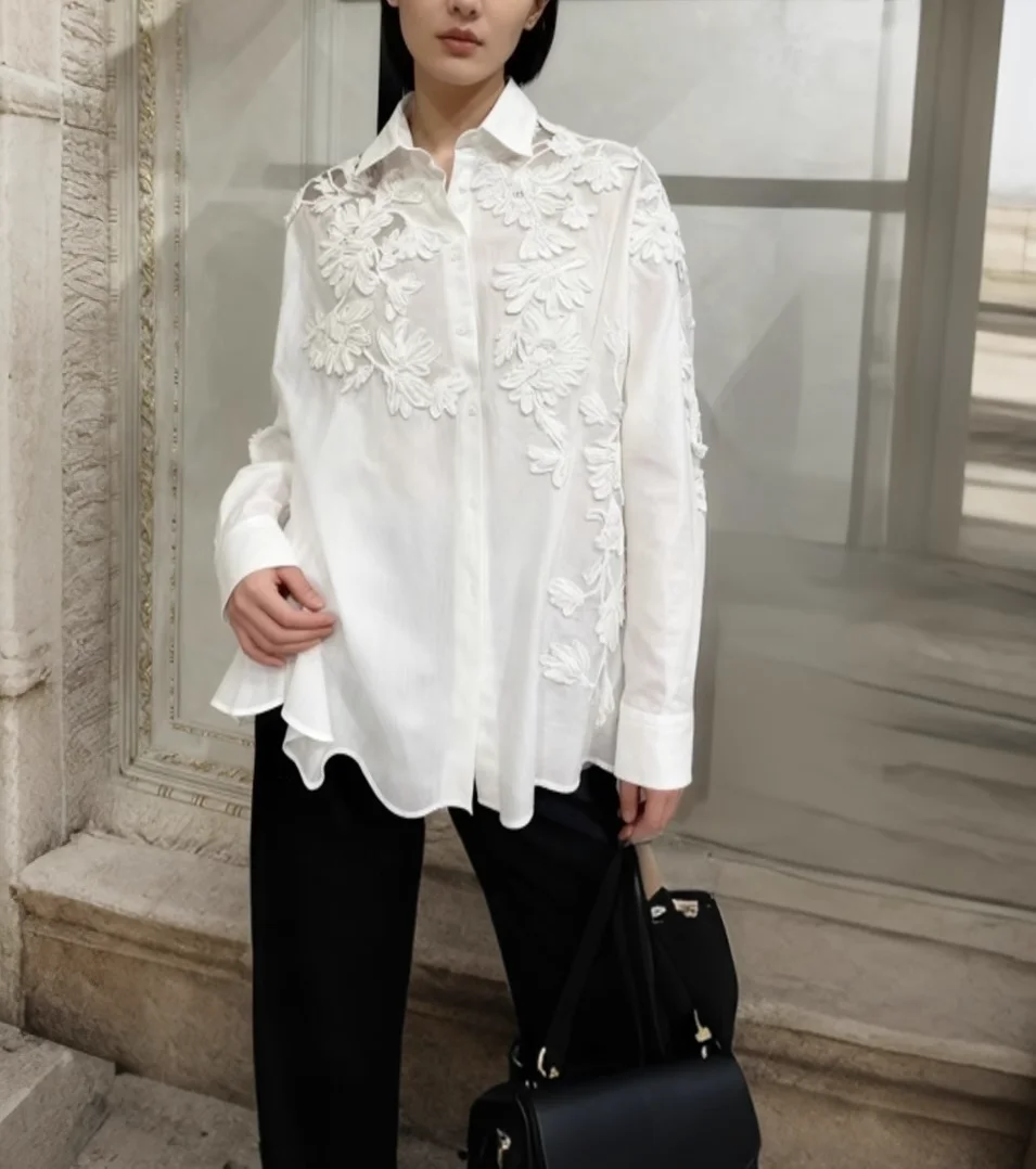 

2026 Spring Autumn White Shirt Elegant Office Ladies Cotton Blouse Fashion Women's Silk Embroidered Shirt