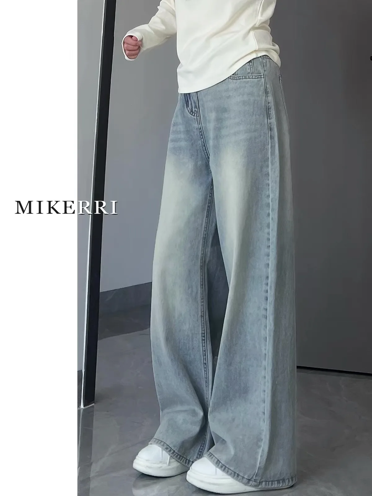 Light Blue Washed Wide Leg Pants Women's Summer Loose Fitting Pear Shape Loose Slimming Floor Length Trousers Casual High Wai...