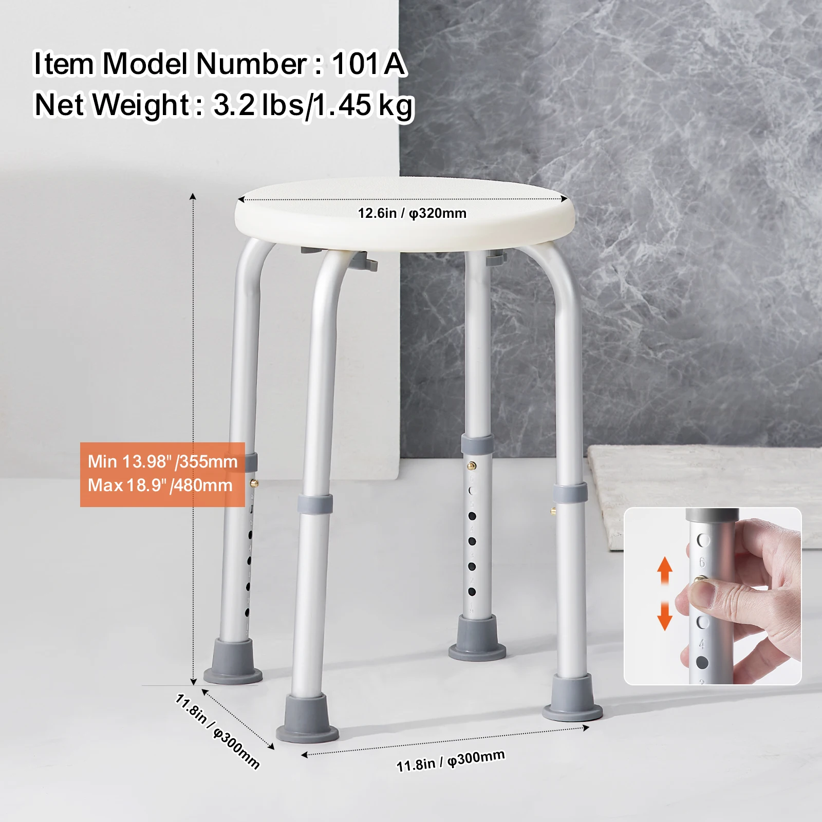 VEVOR Siège de Douche Antidérapant Charge 136,1 kg Tabouret de Douche Hauteur Réglable 355-480 mm Chaise de Douche en Alu et PE Aide à la Douche pour Personnes Âgées Femmes Enceintes Salle de Bain