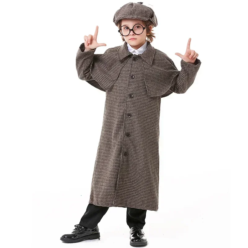 RT01 Movie Character British Plaid Turtleneck Coat Boy girl Cosplay Retro Detective Costume Halloween Child Game Uniform*Jk2