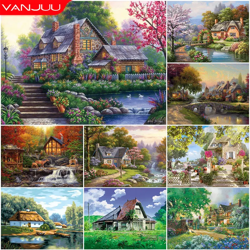 5D DIY Diamond Painting Country House Garden Full Round Diamond Mosaic Scenery Diamond Embroidery Set Rhinestone Home Decoration