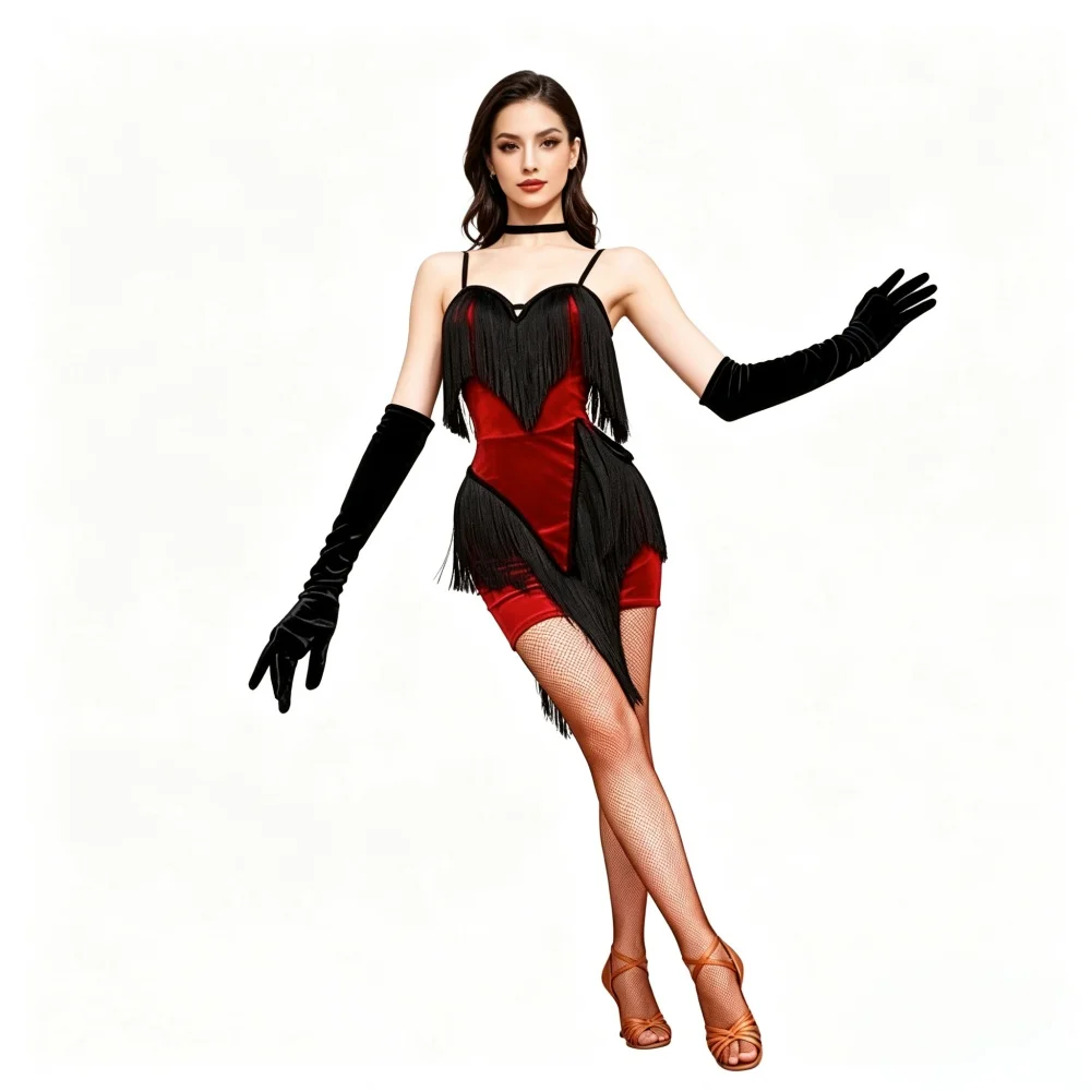 Red Velvet Black Fringe Latin Dance Dress for Women Professional Salsa Rumba Tango Stage Competition Performance Costume