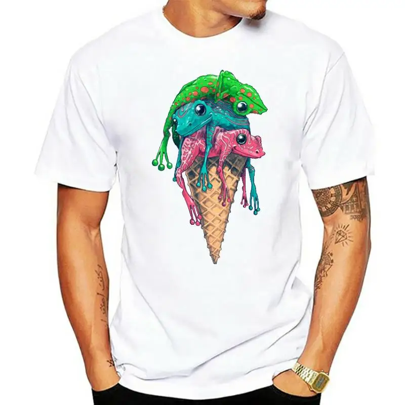 100% Cotton Fashion Icecream Frog Printed Men T-Shirt Summer Colorful Frog Graphic Tshirt O Neck Funny Tees Casual Tops