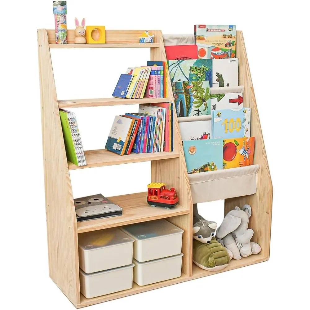 Kids’ Bookcase & Toy Storage Organizer, Solid Wood, 100% Non-Toxic, Multipurpose Bookshelf for Playroom