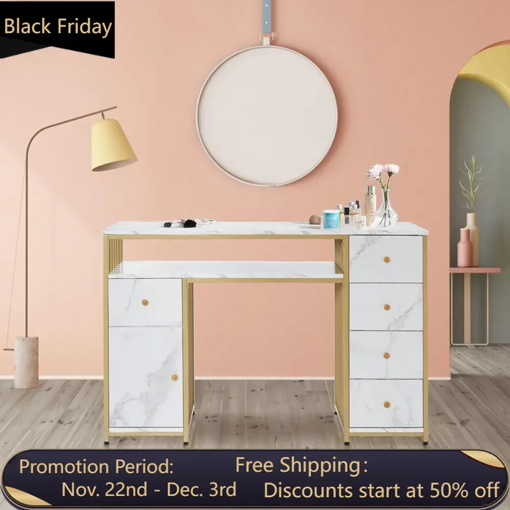 

Nail Desk with Storage Cabinet Manicure Table with 5 Drawers Makeup Storage Home Beauty Salon Spa Workstation with Metal Frame