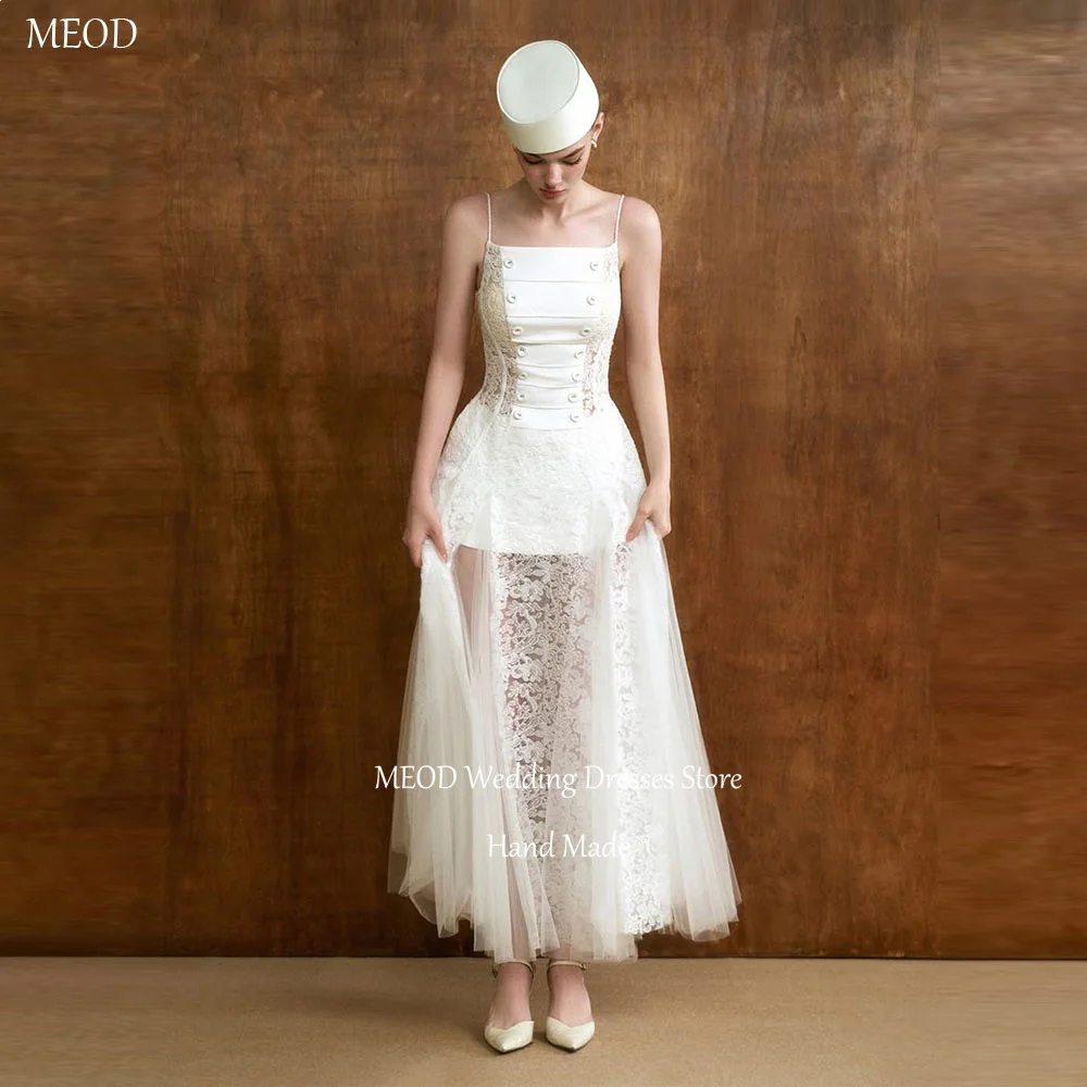 MEOD Moderne Spitzen-Brautkleider mit quadratischem Kragen und Knöpfen, ärmellos, Vestidos De Novia, knöchellang, formelles Kleid, individuell gestaltet