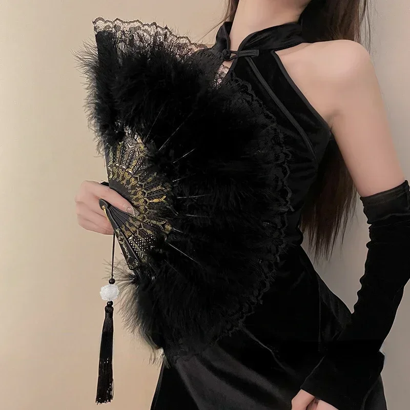 Chinese Style Feather Folding Fan with Pendant Wedding Party Gift Soft Fluffy Hand Held Lace Dance Fan Cosplay Stage Props Decor
