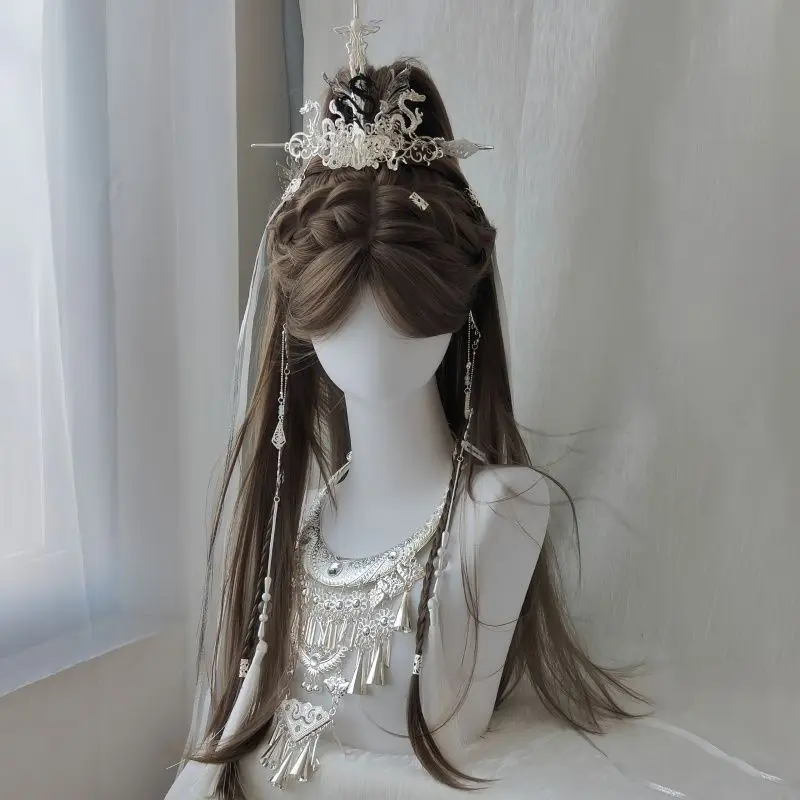 Chinese stijl pruik voor dames - melkthee grijs bruin steil haar, hoge paardenstaart volledige pet, dagelijkse oude jeugd esthetiek