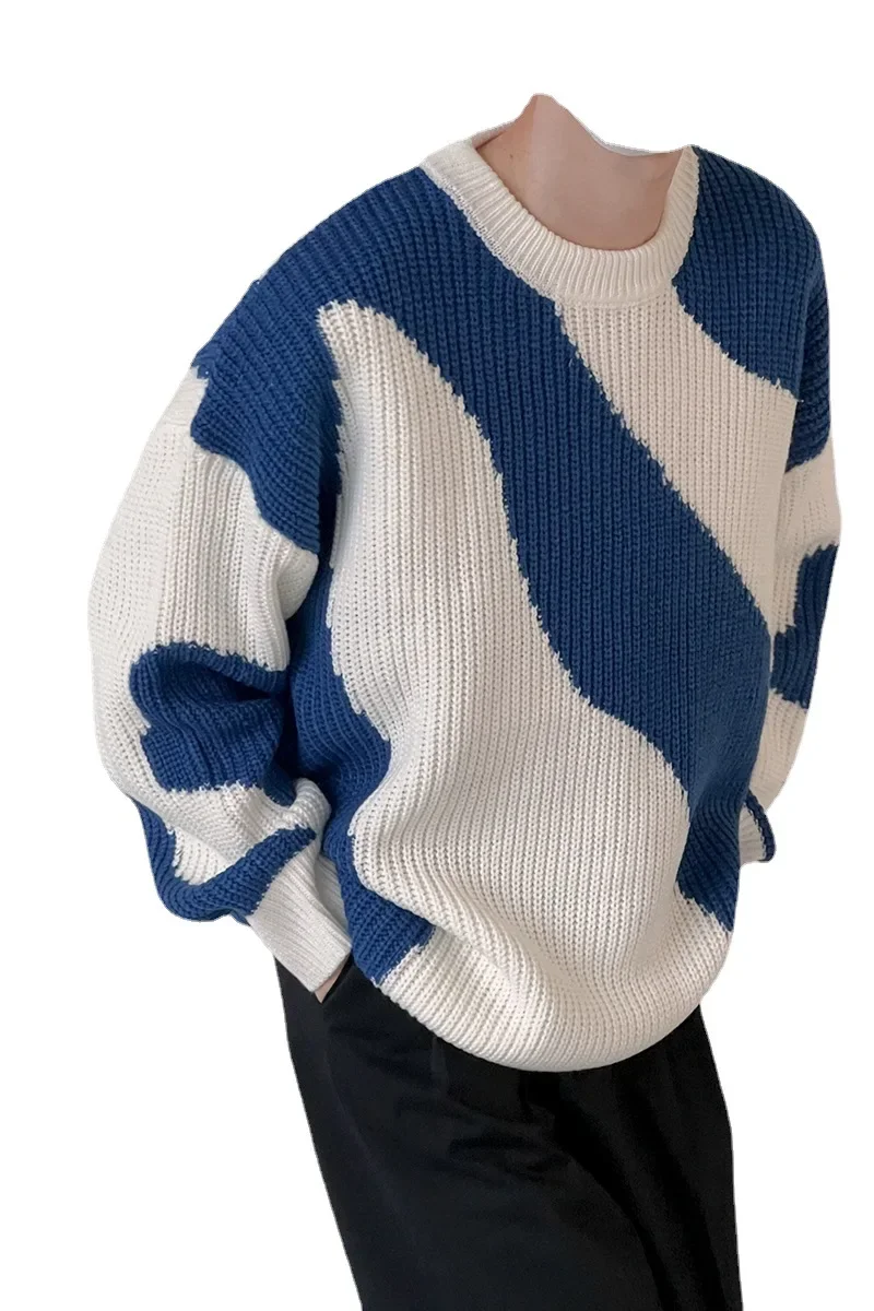 Ragazzi moda blu bianco contrasto colore maglione nero bianco colore mucca Pullover maglioni maglieria a righe larghe M-XXL maglia Top uomo